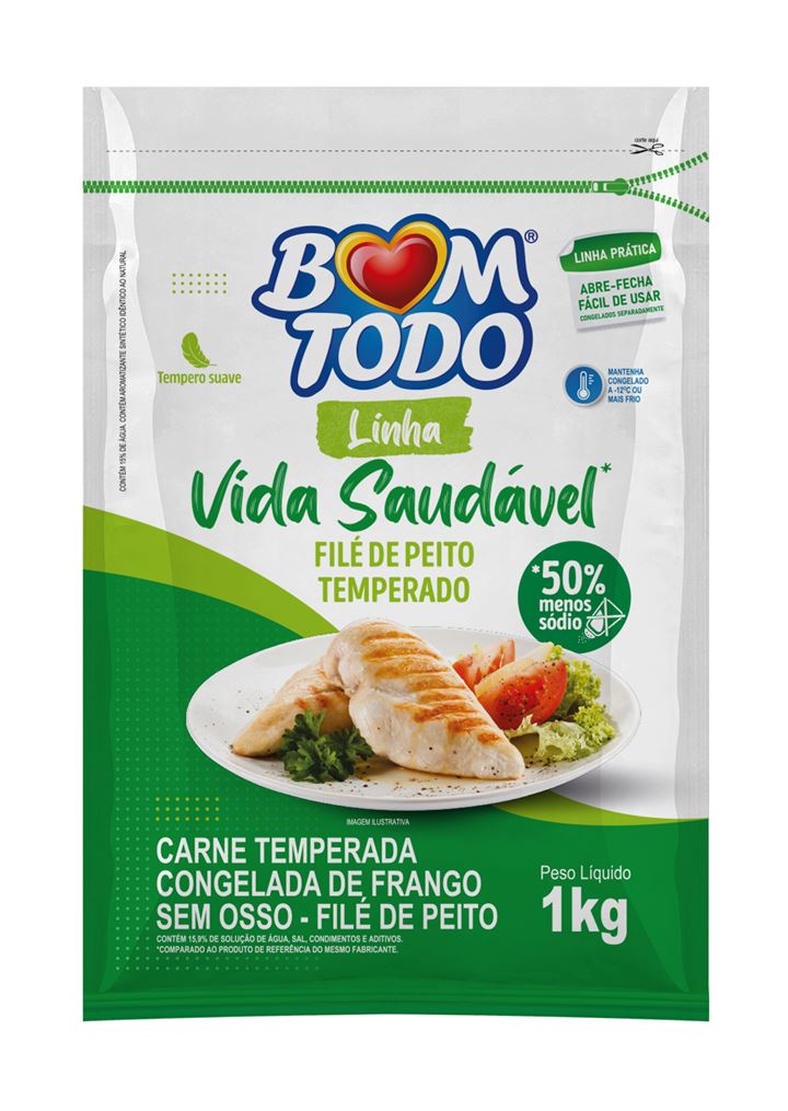 CARNE TEMPERADA CONGELADA DE FRANGO SEM OSSO - FILÉ DE PEITO BOM TODO 1KG