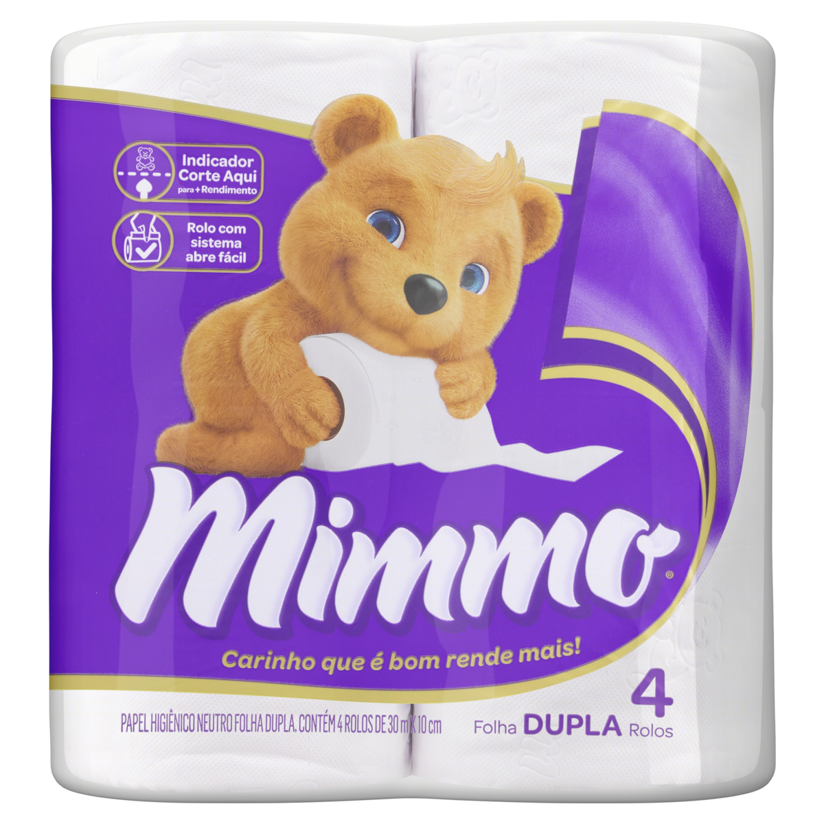 PAPEL HIGIÊNICO FOLHA DUPLA NEUTRO MIMMO 30M PACOTE 4 UNIDADES
