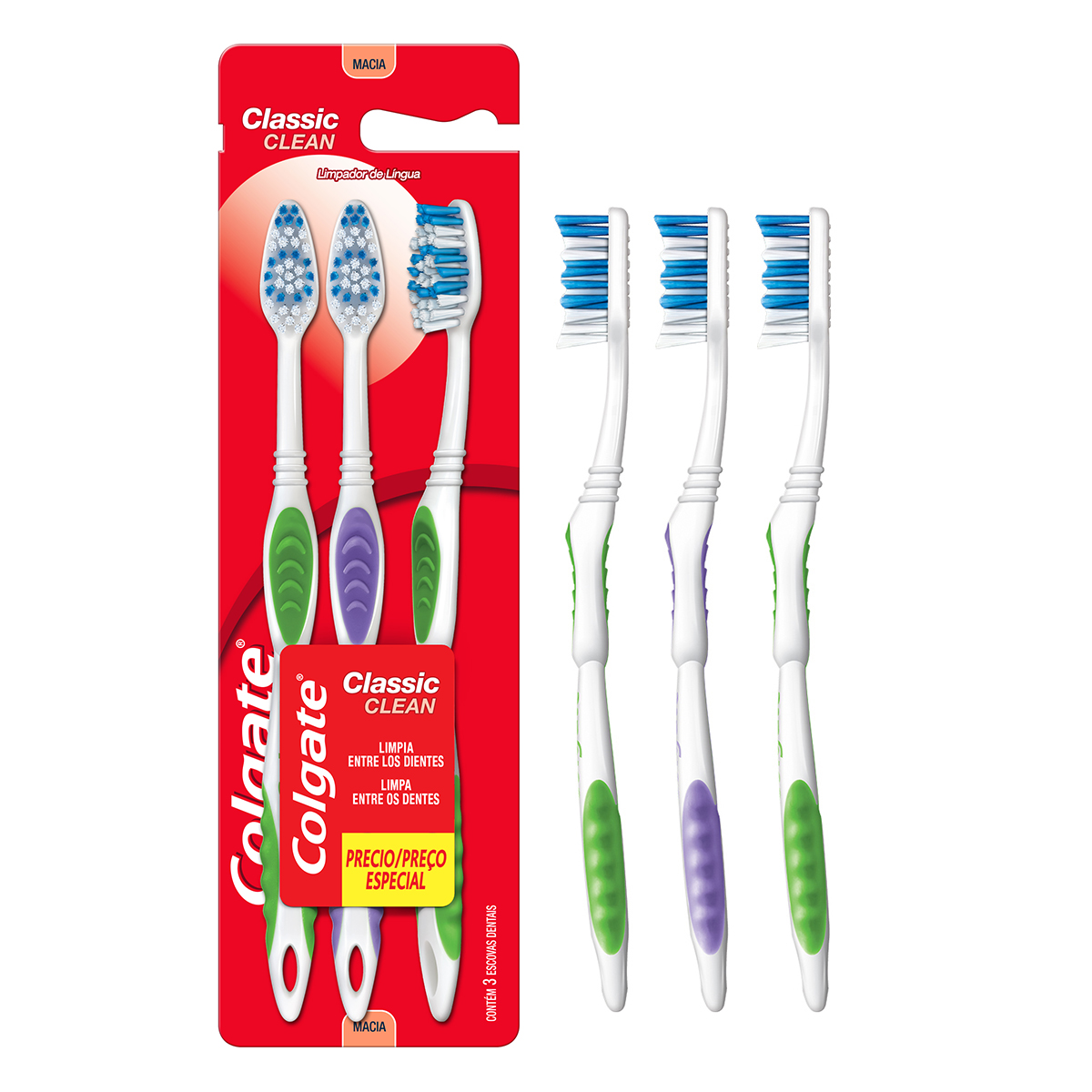 ESCOVA DENTAL MACIA COLGATE CLASSIC CLEAN CABEÇA NORMAL 3 UNIDADES 0