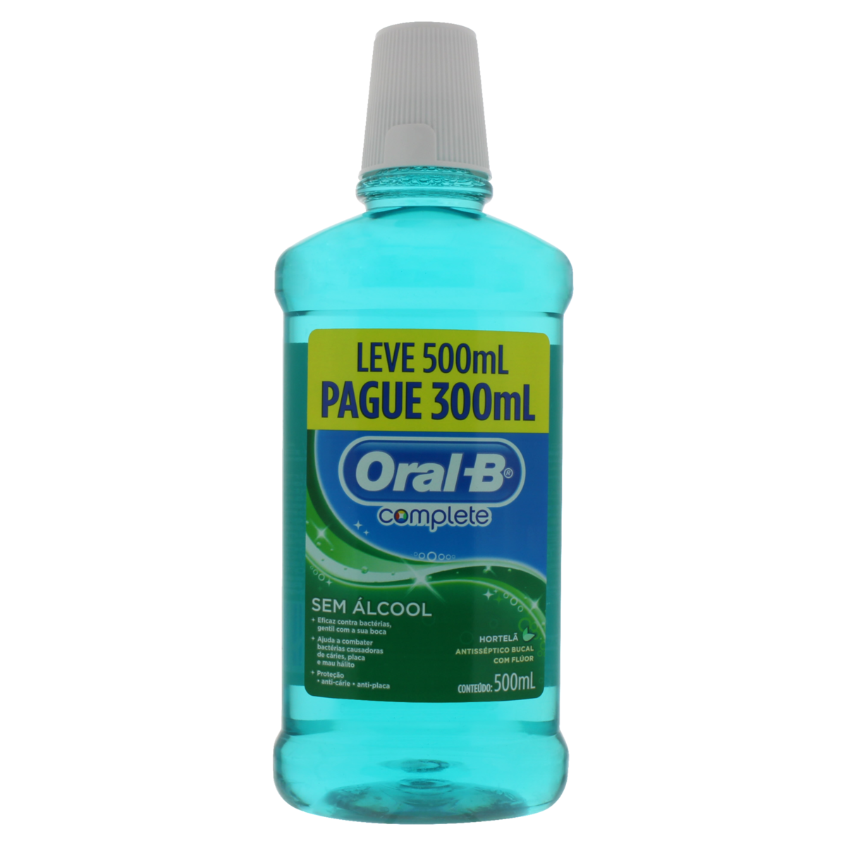 ENXAGUANTE BUCAL ZERO ÁLCOOL HORTELÃ ORAL-B COMPLETE CUIDADO ANTICÁRIE FRASCO LEVE 500ML PAGUE 300ML 0