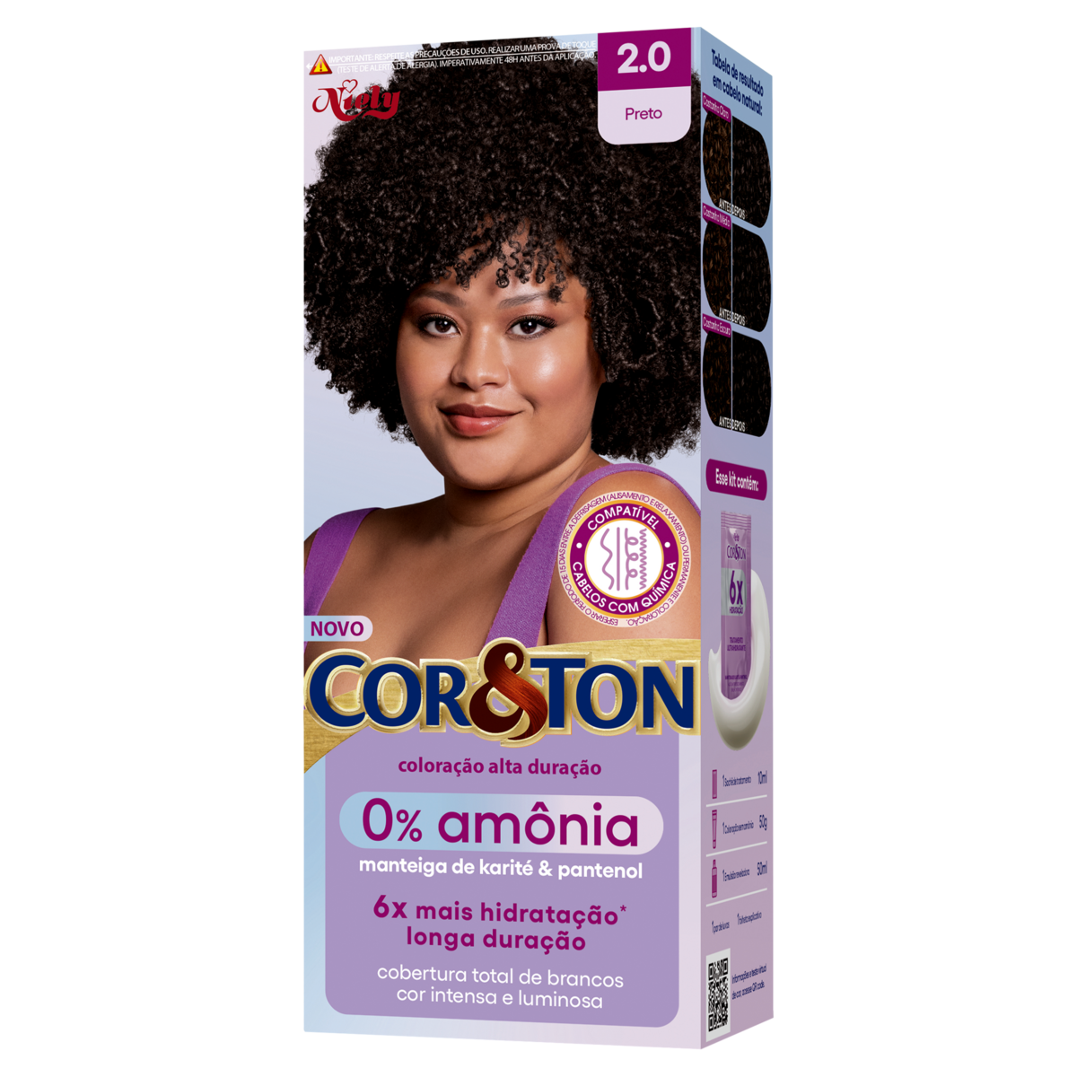 TINTA DE CABELO PERMANENTE COR&TON NIELY 0% AMÔNIA - 2.0 PRETO