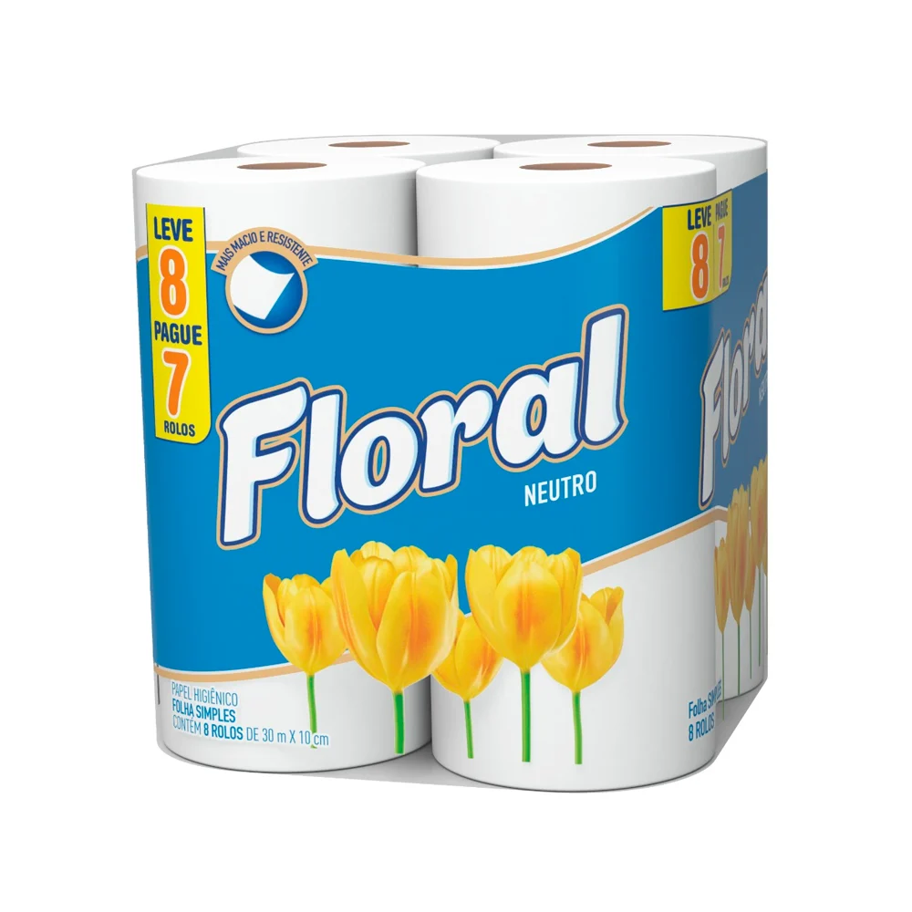 PAPEL HIGIÊNICO FOLHA SIMPLES NEUTRO FLORAL 30M PACOTE LEVE 8 PAGUE 7 UNIDADES