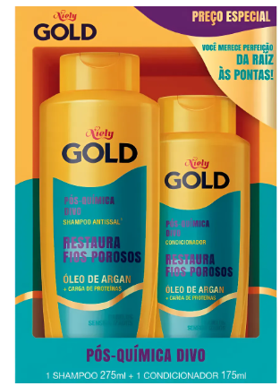 KIT SHAMPOO 300ML + CONDICIONADOR 200ML NIELY GOLD ÓLEO DE ARGAN PÓS-QUÍMICA