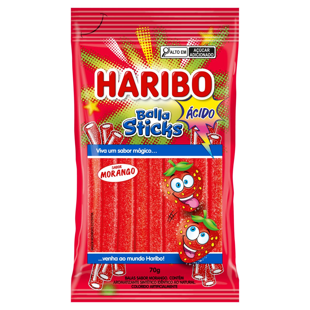 BALA MORANGO ÁCIDO HARIBO BALLA STICKS PACOTE 70G 0
