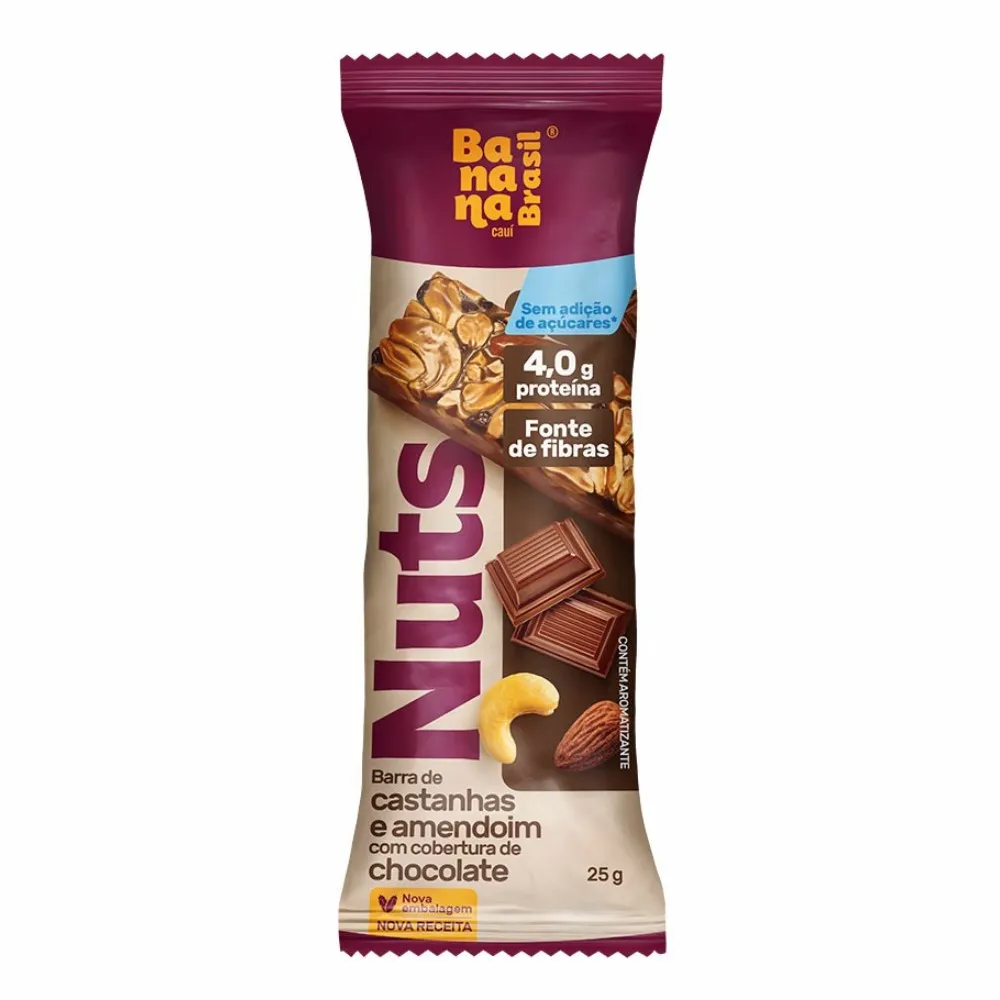 BARRA DE NUTS CASTANHAS E AMENDOIM COBERTURA CHOCOLATE BANANA BRASIL PACOTE 25G