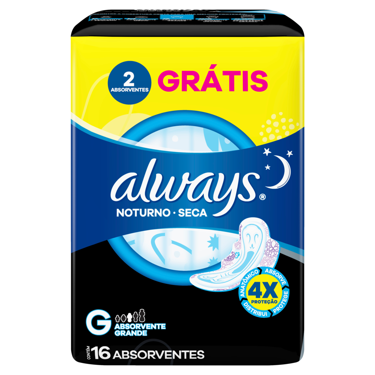ABSORVENTE COM ABAS SECA ALWAYS NOTURNO G PACOTE 16 UNIDADES GRÁTIS 2 ABSORVENTES