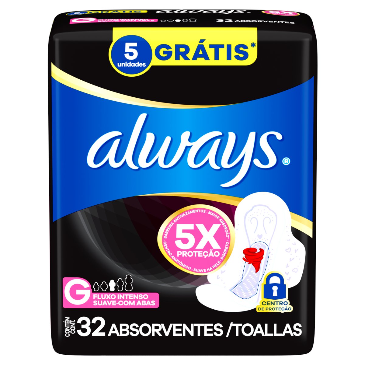 ABSORVENTE COM ABAS SUAVE ALWAYS NOTURNO GRANDE PACOTE 32 UNIDADES GRÁTIS 4 ABSORVENTES