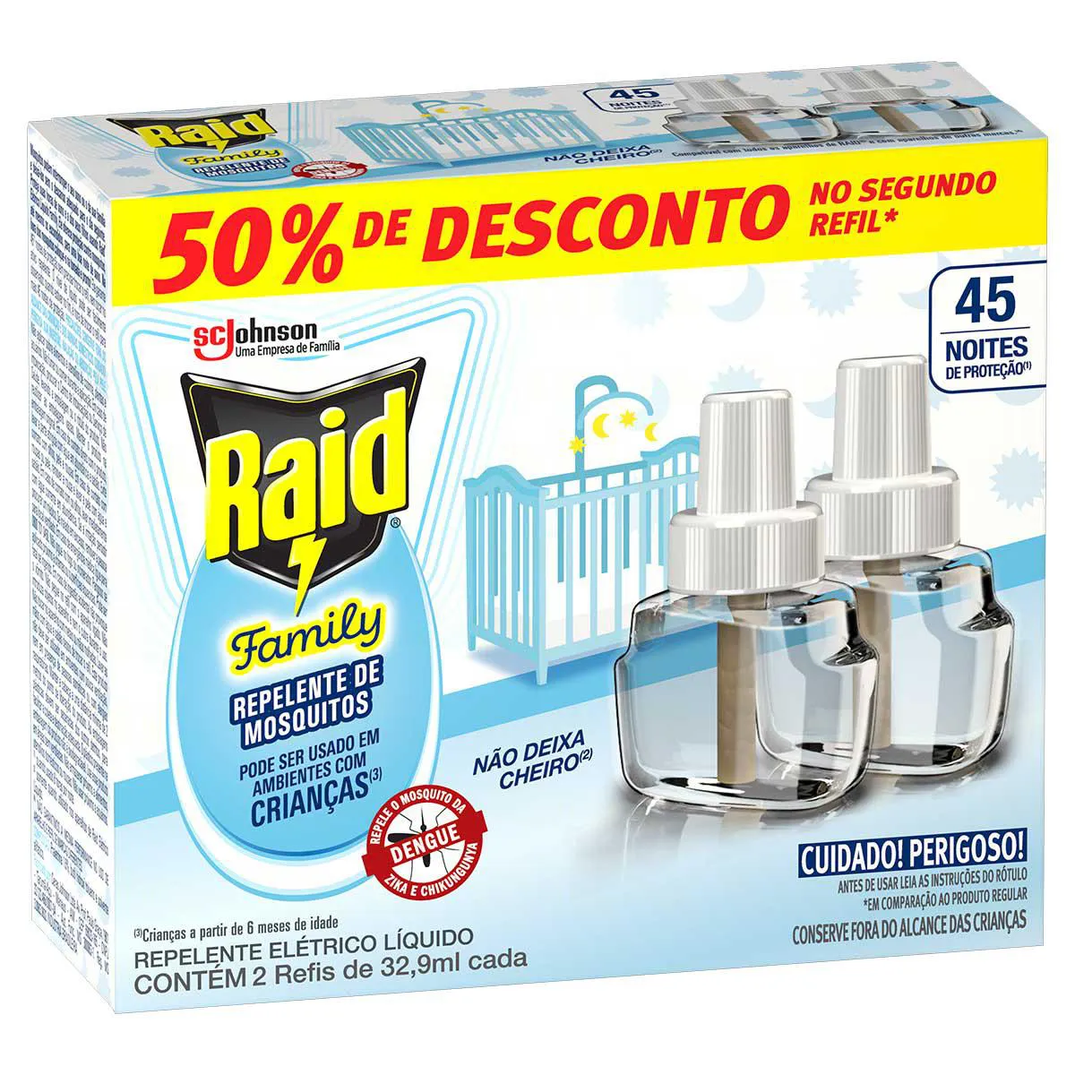 REPELENTE LÍQUIDO ELÉTRICO 45 NOITES SEM PERFUME RAID FAMILY CAIXA 2 UNIDADES 32,9ML CADA GRÁTIS 50% DE DESCONTO NO SEGUNDO REFIL